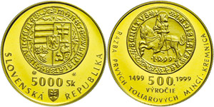 Slovakia 5000 coronas, Gold, 1999, 500 years ... 