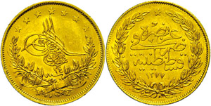 Turkey 100 piastre, Gold, 1861-1876, (1327 / ... 
