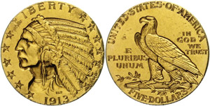 Coins USA 5 dollars, 1913, Indian Head, Fb. ... 