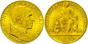 Vatican 100 liras, Gold, 1948, Pius XII., ... 