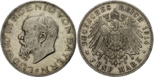Bavaria 5 Mark, 1914, Ludwig III., extremley ... 