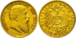 Baden 10 Mark, 1904, Friedrich I., kl. Rf., ... 