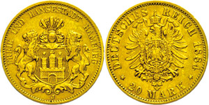 Hamburg 20 Mark, 1884, kl. Rf., ss., ... 
