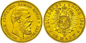 Preußen 10 Mark, 1888, Friedrich III., kl. ... 