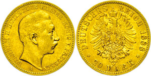 Prussia 20 Mark, 1888. Wilhelm II., minimal ... 