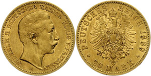 Prussia 20 Mark, 1889. Wilhelm II., minimal ... 