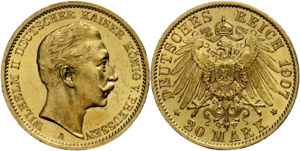 Prussia 20 Mark, 1907, Wilhelm II., scratch, ... 