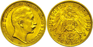 Prussia 20 Mark, 1910, Wilhelm II., small ... 