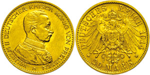 Prussia 20 Mark, 1914, Wilhelm II., small ... 