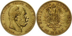 Prussia 10 Mark, 1879, Wilhelm I., Mzz A, ... 