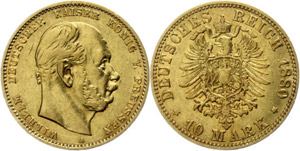 Prussia 10 Mark, 1880, Wilhelm I., extremley ... 