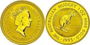 Australia 100 dollars, Gold, 1993, kangaroo, ... 