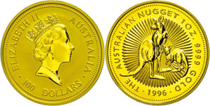 Australia 100 dollars, Gold, 1996, kangaroo, ... 