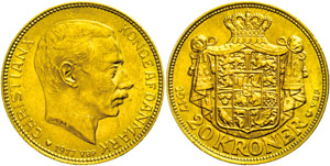 Denmark 20 coronas, Gold, 1917, Christian ... 