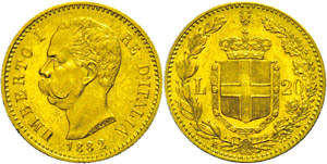 Italy 20 liras, Gold, 1882, Umberto I., Fb. ... 
