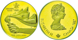 Canada 100 dollars, Gold, 1987, olympic ... 