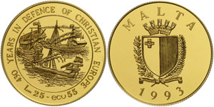 Malta 25 Pfund, Gold, 1993, Seemacht Malta, ... 