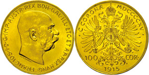Austria 100 coronas, Gold, 1915, Francis ... 