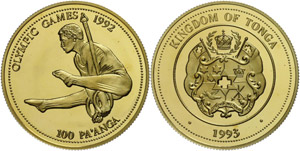 Tonga 100 Paanga, Gold, 1993, olympic games ... 