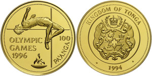 Tonga 100 Paanga, Gold, 1994, olympic games ... 