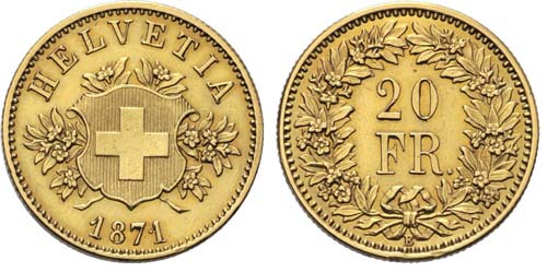 20 Franken 1871 B Probe. Avers: ... 