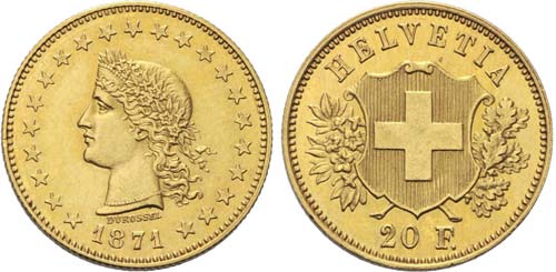 20 Franken 1871 Durussel-Probe. ... 
