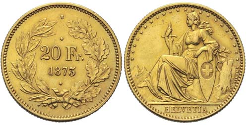 20 Franken 1873, Drei-Punkt Probe. ... 