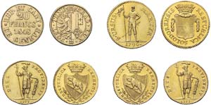 4 Goldmünzen Schweiz. Dabei Dublone 1796 ... 