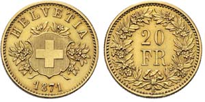 20 Franken 1871 B Probe. Avers: Geschweiftes ... 