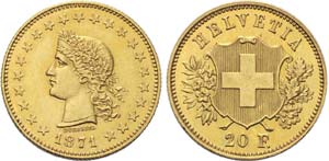 20 Franken 1871 Durussel-Probe. Richer 2-65. ... 