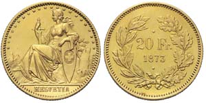 20 Franken 1873 2-Punkt-Probe. Richter 2-75. ... 