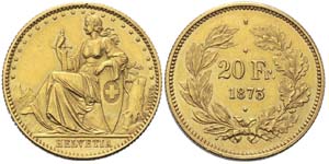 20 Franken 1873, Drei-Punkt Probe. Sitzende ... 