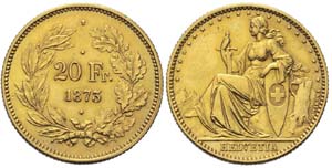 20 Franken 1873, Drei-Punkt Probe. Sitzende ... 