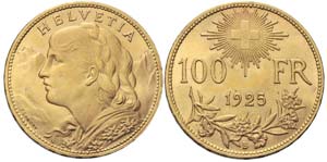 100 Franken 1925 B Gold. Vorderseite: ... 