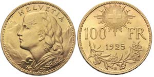 100 Franken 1925 B Gold. Vorderseite: ... 