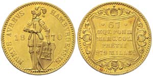 1 Dukat Hamburg 1870 Gold - Ritter mit ... 