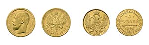 8 Goldmünzen Russland. Dabei 5 Rubel 1842, ... 