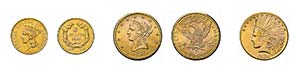 12 Goldmünzen USA. Dabei 3 Dollar 1855, 2 x ... 