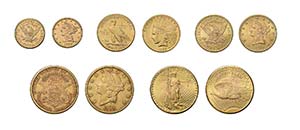 5 Goldmünzen USA. Dabei 5 Dollar 1898 S, 10 ... 