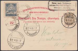 POLAR POST. Post card franked 1o. (9/8/1907) ... 