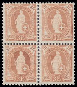 1882 HELVETIA. Quartina del francobollo da 3 ... 