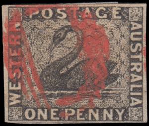 1854 SWAN. 1d. black (S.G. 1),  cancelled by ... 