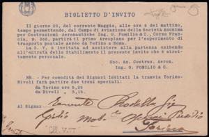 1917 ESPERIMENTI DI POSTA  AEREA. Volo ... 