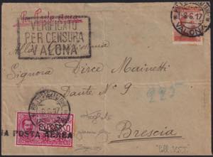 1917 VOLO POSTALE VALONA - BRINDISI. 257° ... 
