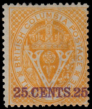 CANADA BRITISH COLUMBIA 1869, 25.cents.25 ... 