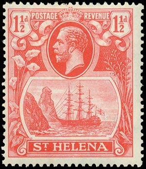 ST.HELENA 1922, GEORGE V 1 1/2d cleft rock ... 