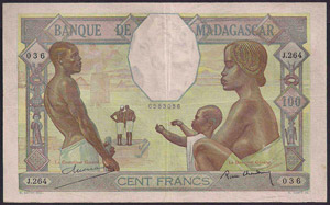 MADAGASCAR 100 Franchi 1937 - P 40  R Pieghe ... 