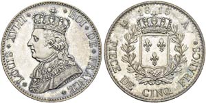 Louis XVIII, 1815-1824. 5 Francs ... 