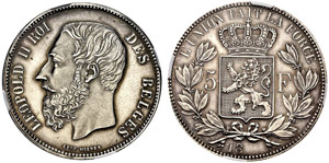 BELGIQUE  Léopold II, 1865-1909. 5 Francs ... 
