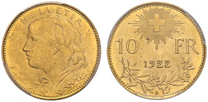 SWITZERLAND. Confederation, 1848-. 10 Francs ... 
